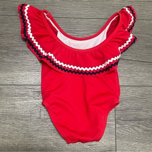 Janie and Jack Swimsuit Girls Red White Ruffle One Piece Ric Rac Retro Sz 6-12 M - Picture 7 of 7